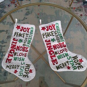 Beaded Christmas Stockings - TWO Off white with green, red and gold beads